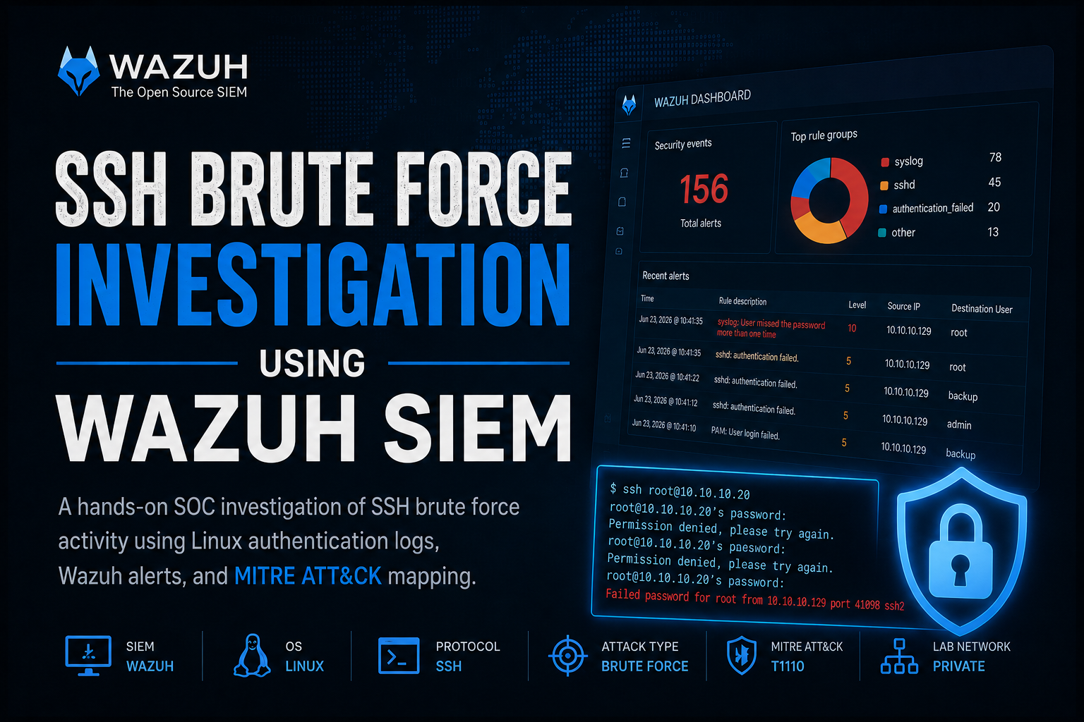 SSH Brute Force Investigation using Wazuh SIEM project image